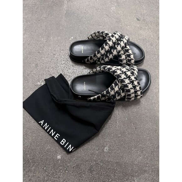 ANINE BING Lizzie Slides Sandals Houndstooth Black White Flats - Picture 1 of 10